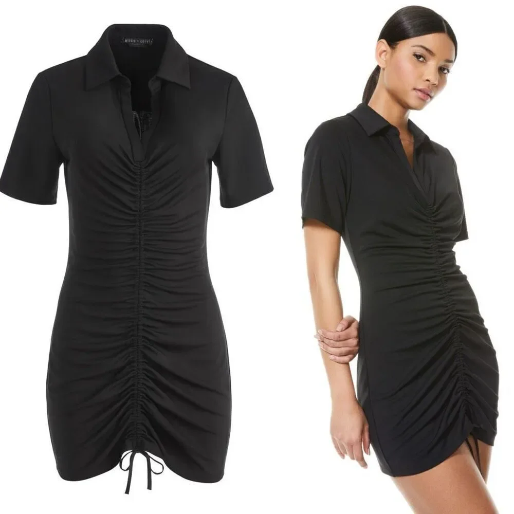 NWT Alice + Olivia Marsha Ruched Polo Mini Dress Tie